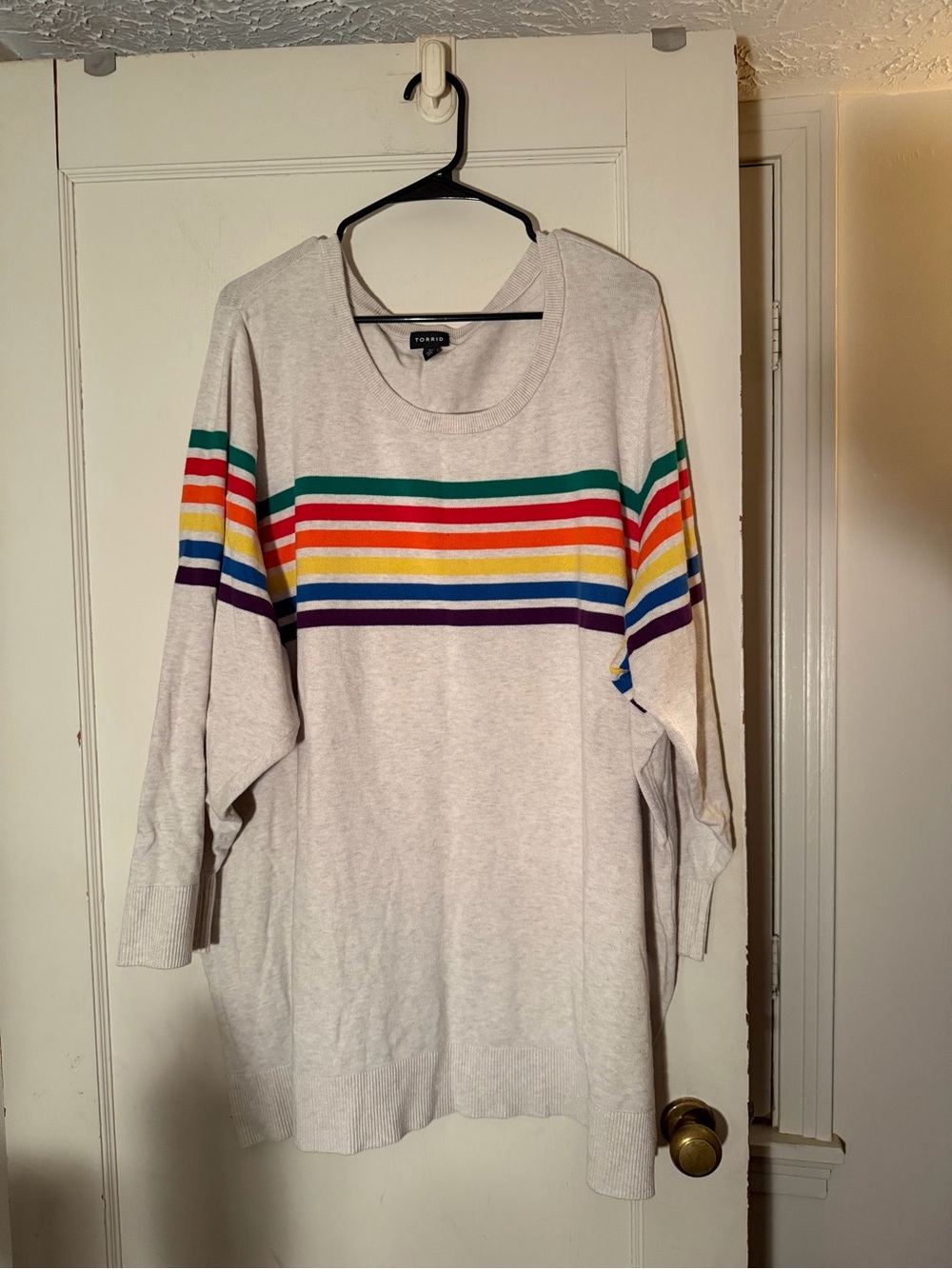 torrid Cream Crewneck Sweater with Rainbow Stripes